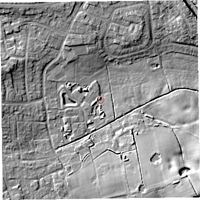 Shaded relief map of the ground around FY68FT, computed from Environment Agency LiDAR. The ground here sits at about 7 m above sea level and falls 16 m across the surrounding 800 m. Surface water reaching this point runs off ground lying to the south-east, 9.5 m higher.