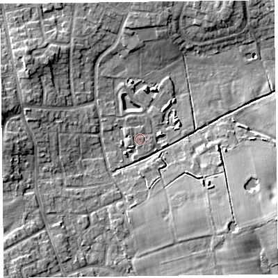 Shaded relief map of the ground around FY68FW, computed from Environment Agency LiDAR. The ground here sits at about 8 m above sea level and falls 15 m across the surrounding 800 m. Surface water reaching this point runs off ground lying to the west-north-west, 7.0 m higher.