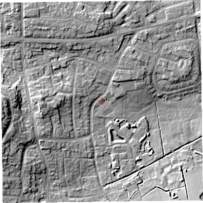 Shaded relief map of the ground around FY68JB, computed from Environment Agency LiDAR. The ground here sits at about 8 m above sea level and falls 13 m across the surrounding 800 m. Surface water reaching this point runs off ground lying to the north, 3.5 m higher.