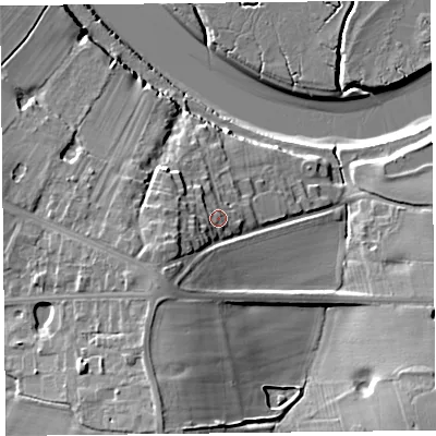 Shaded relief map of the ground around FY68LY, computed from Environment Agency LiDAR. The ground here sits at about 15 m above sea level and falls 23 m across the surrounding 800 m. Surface water reaching this point runs off ground lying to the west-south-west, 6.2 m higher.