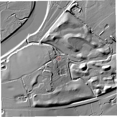 Shaded relief map of the ground around FY68NA, computed from Environment Agency LiDAR. The ground here sits at about 7 m above sea level and falls 16 m across the surrounding 800 m. Surface water reaching this point runs off ground lying to the south-south-west, 13.5 m higher.