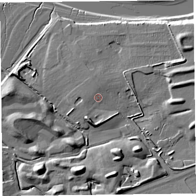 Shaded relief map of the ground around FY68NB, computed from Environment Agency LiDAR. The ground here sits at about 10 m above sea level and falls 14 m across the surrounding 800 m. Surface water reaching this point runs off ground lying to the north, 1.5 m higher.