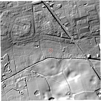 Shaded relief map of the ground around FY68NU, computed from Environment Agency LiDAR. The ground here sits at about 6 m above sea level and falls 20 m across the surrounding 800 m. Surface water reaching this point runs off ground lying to the south-south-east, 18.1 m higher.
