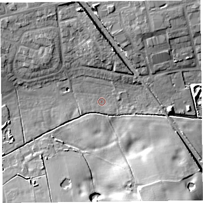 Shaded relief map of the ground around FY68NW, computed from Environment Agency LiDAR. The ground here sits at about 6 m above sea level and falls 21 m across the surrounding 800 m. Surface water reaching this point runs off ground lying to the south-south-east, 18.7 m higher.
