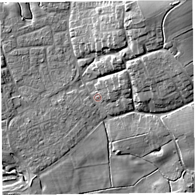 Shaded relief map of the ground around FY69AA, computed from Environment Agency LiDAR. The ground here sits at about 6 m above sea level and falls 19 m across the surrounding 800 m. Surface water reaching this point runs off ground lying to the north-east, 17.0 m higher.