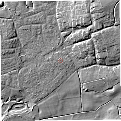 Shaded relief map of the ground around FY69AB, computed from Environment Agency LiDAR. The ground here sits at about 6 m above sea level and falls 18 m across the surrounding 800 m. Surface water reaching this point runs off ground lying to the east, 0.7 m higher.