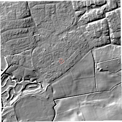 Shaded relief map of the ground around FY69AD, computed from Environment Agency LiDAR. The ground here sits at about 5 m above sea level and falls 13 m across the surrounding 800 m. Surface water reaching this point runs off ground lying to the west, 1.2 m higher.