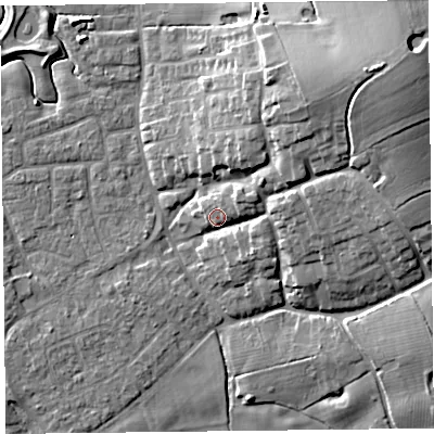 Shaded relief map of the ground around FY69AE, computed from Environment Agency LiDAR. The ground here sits at about 9 m above sea level and falls 18 m across the surrounding 800 m. Surface water reaching this point runs off ground lying to the north-east, 15.3 m higher.