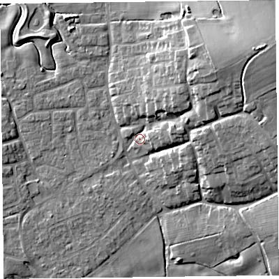 Shaded relief map of the ground around FY69AF, computed from Environment Agency LiDAR. The ground here sits at about 6 m above sea level and falls 18 m across the surrounding 800 m. Surface water reaching this point runs off ground lying to the north-east, 14.5 m higher.