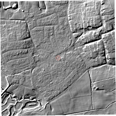 Shaded relief map of the ground around FY69AG, computed from Environment Agency LiDAR. The ground here sits at about 5 m above sea level and falls 17 m across the surrounding 800 m. Surface water reaching this point runs off ground lying to the west-north-west, 4.1 m higher.