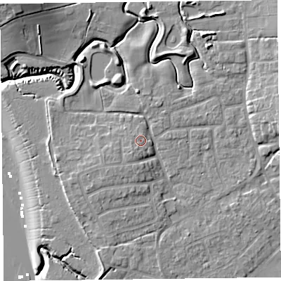 Shaded relief map of the ground around FY69AH, computed from Environment Agency LiDAR. The ground here sits at about 7 m above sea level and falls 15 m across the surrounding 800 m. Surface water reaching this point runs off ground lying to the south-west, 1.3 m higher.