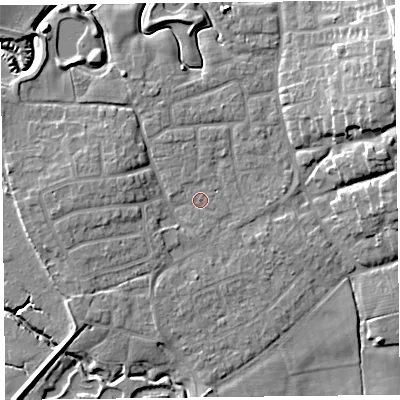 Shaded relief map of the ground around FY69AJ, computed from Environment Agency LiDAR. The ground here sits at about 5 m above sea level and falls 15 m across the surrounding 800 m. Surface water reaching this point runs off ground lying to the south-west, 3.0 m higher.