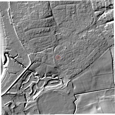 Shaded relief map of the ground around FY69AL, computed from Environment Agency LiDAR. The ground here sits at about 6 m above sea level and falls 13 m across the surrounding 800 m. Surface water reaching this point runs off ground lying to the south-south-west, 0.8 m higher.