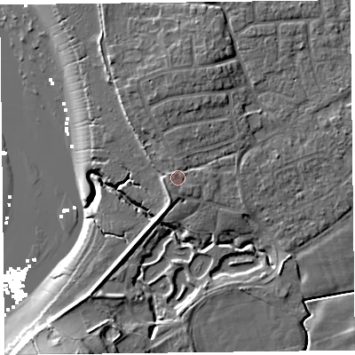 Shaded relief map of the ground around FY69AN, computed from Environment Agency LiDAR. The ground here sits at about 7 m above sea level and falls 13 m across the surrounding 800 m. Surface water reaching this point runs off ground lying to the south-south-east, 0.8 m higher.