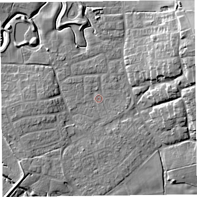 Shaded relief map of the ground around FY69AQ, computed from Environment Agency LiDAR. The ground here sits at about 5 m above sea level and falls 16 m across the surrounding 800 m. Surface water reaching this point runs off ground lying to the west, 4.1 m higher.