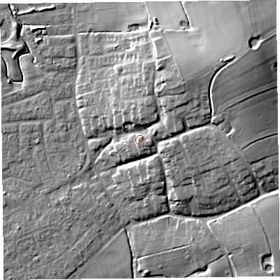 Shaded relief map of the ground around FY69AS, computed from Environment Agency LiDAR. The ground here sits at about 11 m above sea level and falls 18 m across the surrounding 800 m. Surface water reaching this point runs off ground lying to the north-east, 10.6 m higher.