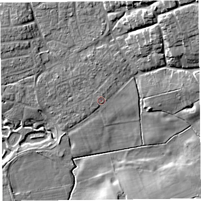 Shaded relief map of the ground around FY69AW, computed from Environment Agency LiDAR. The ground here sits at about 5 m above sea level and falls 13 m across the surrounding 800 m. Surface water reaching this point runs off ground lying to the south-west, 2.1 m higher.