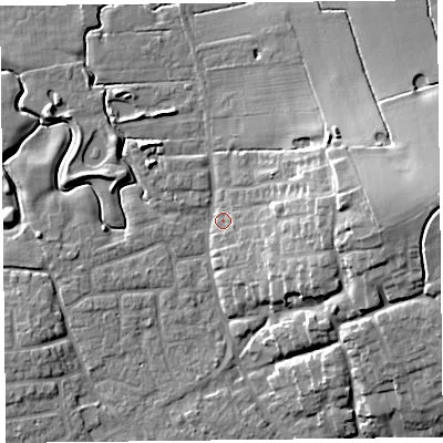 Shaded relief map of the ground around FY69AZ, computed from Environment Agency LiDAR. The ground here sits at about 6 m above sea level and falls 18 m across the surrounding 800 m. Surface water reaching this point runs off ground lying to the east-south-east, 8.2 m higher.