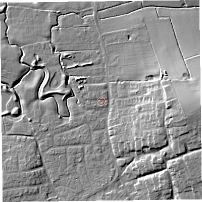 Shaded relief map of the ground around FY69BA, computed from Environment Agency LiDAR. The ground here sits at about 5 m above sea level and falls 17 m across the surrounding 800 m. Surface water reaching this point runs off ground lying to the north-north-east, 0.8 m higher.