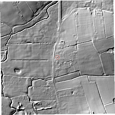 Shaded relief map of the ground around FY69BB, computed from Environment Agency LiDAR. The ground here sits at about 6 m above sea level and falls 12 m across the surrounding 800 m. Surface water reaching this point runs off ground lying to the east-north-east, 4.7 m higher.