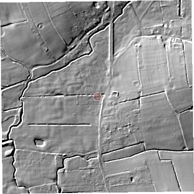 Shaded relief map of the ground around FY69BD, computed from Environment Agency LiDAR. The ground here sits at about 5 m above sea level and falls 12 m across the surrounding 800 m. Surface water reaching this point runs off ground lying to the east, 10.3 m higher.