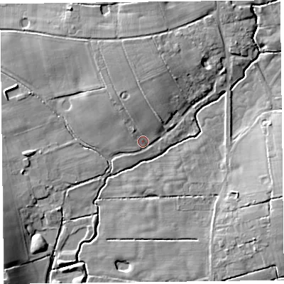 Shaded relief map of the ground around FY69BG, computed from Environment Agency LiDAR. The ground here sits at about 6 m above sea level and falls 12 m across the surrounding 800 m. Surface water reaching this point runs off ground lying to the north-north-west, 4.2 m higher.