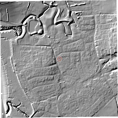 Shaded relief map of the ground around FY69BH, computed from Environment Agency LiDAR. The ground here sits at about 5 m above sea level and falls 14 m across the surrounding 800 m. Surface water reaching this point runs off ground lying to the west-south-west, 4.1 m higher.