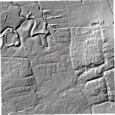 Shaded relief map of the ground around FY69BL, computed from Environment Agency LiDAR. The ground here sits at about 5 m above sea level and falls 15 m across the surrounding 800 m. Surface water reaching this point runs off ground lying to the east-south-east, 0.7 m higher.