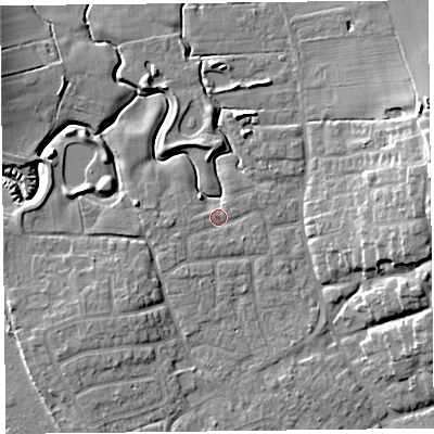Shaded relief map of the ground around FY69BN, computed from Environment Agency LiDAR. The ground here sits at about 5 m above sea level and falls 14 m across the surrounding 800 m. Surface water reaching this point runs off ground lying to the east-north-east, 1.5 m higher.