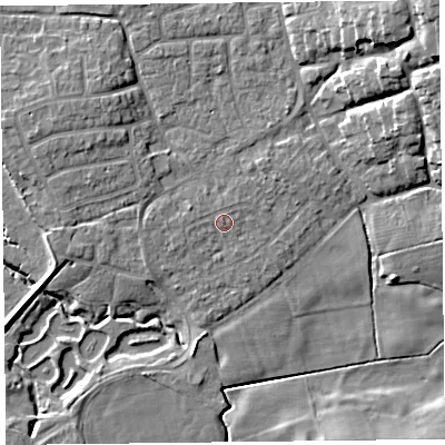Shaded relief map of the ground around FY69BP, computed from Environment Agency LiDAR. The ground here sits at about 6 m above sea level and falls 14 m across the surrounding 800 m. Surface water reaching this point runs off ground lying to the west, 0.7 m higher.