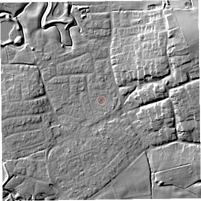 Shaded relief map of the ground around FY69BS, computed from Environment Agency LiDAR. The ground here sits at about 5 m above sea level and falls 17 m across the surrounding 800 m. Surface water reaching this point runs off ground lying to the west, 4.1 m higher.
