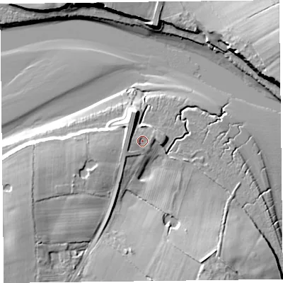 Shaded relief map of the ground around FY69BU, computed from Environment Agency LiDAR. The ground here sits at about 7 m above sea level and falls 17 m across the surrounding 800 m. Surface water reaching this point runs off ground lying to the north-north-west, 2.3 m higher.