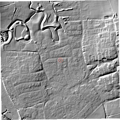 Shaded relief map of the ground around FY69BW, computed from Environment Agency LiDAR. The ground here sits at about 5 m above sea level and falls 15 m across the surrounding 800 m. Surface water reaching this point runs off ground lying to the west-south-west, 4.1 m higher.