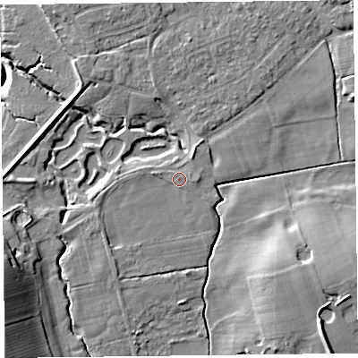 Shaded relief map of the ground around FY69BX, computed from Environment Agency LiDAR. The ground here sits at about 5 m above sea level and falls 17 m across the surrounding 800 m. Surface water reaching this point runs off ground lying to the east-north-east, 0.6 m higher.