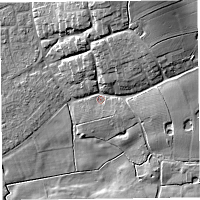 Shaded relief map of the ground around FY69BY, computed from Environment Agency LiDAR. The ground here sits at about 6 m above sea level and falls 17 m across the surrounding 800 m. Surface water reaching this point runs off ground lying to the north-east, 10.1 m higher.