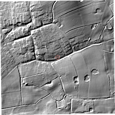 Shaded relief map of the ground around FY69BZ, computed from Environment Agency LiDAR. The ground here sits at about 9 m above sea level and falls 18 m across the surrounding 800 m. Surface water reaching this point runs off ground lying to the north-north-east, 8.3 m higher.
