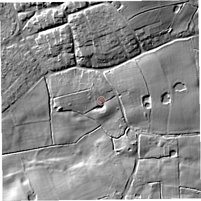 Shaded relief map of the ground around FY69DA, computed from Environment Agency LiDAR. The ground here sits at about 8 m above sea level and falls 13 m across the surrounding 800 m. Surface water reaching this point runs off ground lying to the east-north-east, 3.4 m higher.