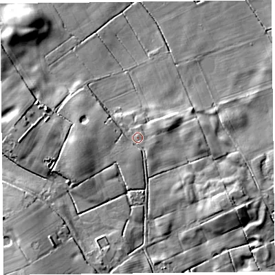 Shaded relief map of the ground around FY69DH, computed from Environment Agency LiDAR. The ground here sits at about 9 m above sea level and falls 13 m across the surrounding 800 m. Surface water reaching this point runs off ground lying to the south-west, 2.6 m higher.