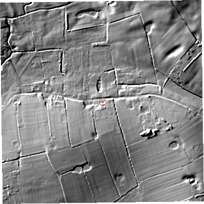 Shaded relief map of the ground around FY69DJ, computed from Environment Agency LiDAR. The ground here sits at about 9 m above sea level and falls 15 m across the surrounding 800 m. Surface water reaching this point runs off ground lying to the east-south-east, 10.3 m higher.