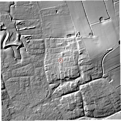 Shaded relief map of the ground around FY69DN, computed from Environment Agency LiDAR. The ground here sits at about 9 m above sea level and falls 18 m across the surrounding 800 m. Surface water reaching this point runs off ground lying to the east, 6.3 m higher.