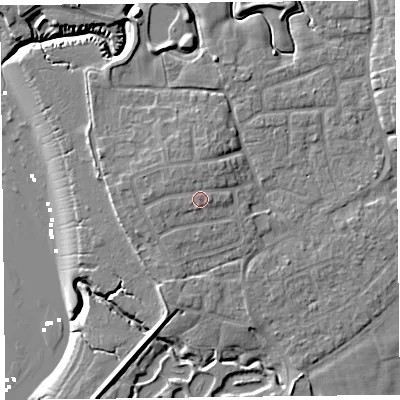 Shaded relief map of the ground around FY69DP, computed from Environment Agency LiDAR. The ground here sits at about 8 m above sea level and falls 9 m across the surrounding 800 m. Surface water reaching this point runs off ground lying to the north-north-west, 0.8 m higher.