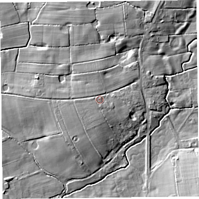 Shaded relief map of the ground around FY69DR, computed from Environment Agency LiDAR. The ground here sits at about 10 m above sea level and falls 9 m across the surrounding 800 m. Surface water reaching this point runs off ground lying to the south, 1.0 m higher.