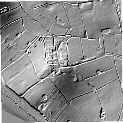 Shaded relief map of the ground around FY69DT, computed from Environment Agency LiDAR. The ground here sits at about 13 m above sea level and falls 23 m across the surrounding 800 m. Surface water reaching this point runs off ground lying to the south-west, 10.1 m higher.