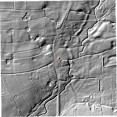 Shaded relief map of the ground around FY69DW, computed from Environment Agency LiDAR. The ground here sits at about 8 m above sea level and falls 9 m across the surrounding 800 m. Surface water reaching this point runs off ground lying to the south-west, 1.0 m higher.