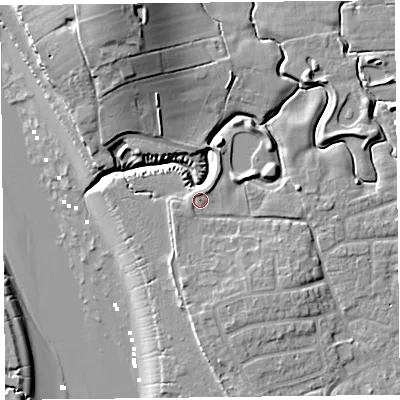 Shaded relief map of the ground around FY69DY, computed from Environment Agency LiDAR. The ground here sits at about 6 m above sea level and falls 19 m across the surrounding 800 m. Surface water reaching this point runs off ground lying to the north-north-east, 1.2 m higher.
