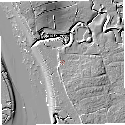 Shaded relief map of the ground around FY69DZ, computed from Environment Agency LiDAR. The ground here sits at about 6 m above sea level and falls 17 m across the surrounding 800 m. Surface water reaching this point runs off ground lying to the south-east, 2.2 m higher.