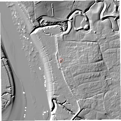 Shaded relief map of the ground around FY69EA, computed from Environment Agency LiDAR. The ground here sits at about 7 m above sea level and falls 14 m across the surrounding 800 m. Surface water reaching this point runs off ground lying to the east-south-east, 1.9 m higher.
