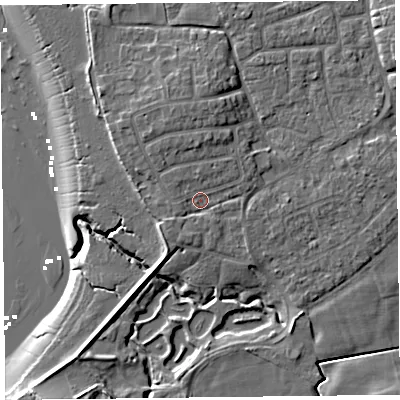 Shaded relief map of the ground around FY69EB, computed from Environment Agency LiDAR. The ground here sits at about 6 m above sea level and falls 9 m across the surrounding 800 m. Surface water reaching this point runs off ground lying to the west-south-west, 1.4 m higher.