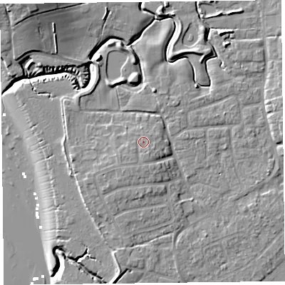 Shaded relief map of the ground around FY69ED, computed from Environment Agency LiDAR. The ground here sits at about 7 m above sea level and falls 15 m across the surrounding 800 m. Surface water reaching this point runs off ground lying to the south-south-west, 1.3 m higher.