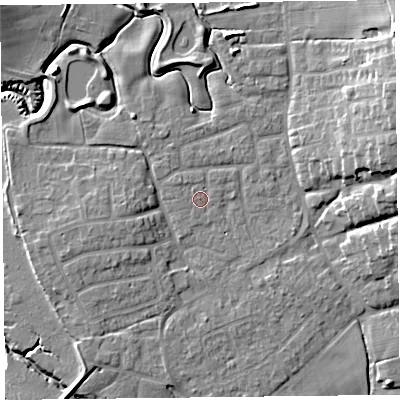 Shaded relief map of the ground around FY69EE, computed from Environment Agency LiDAR. The ground here sits at about 5 m above sea level and falls 13 m across the surrounding 800 m. Surface water reaching this point runs off ground lying to the west-south-west, 4.1 m higher.